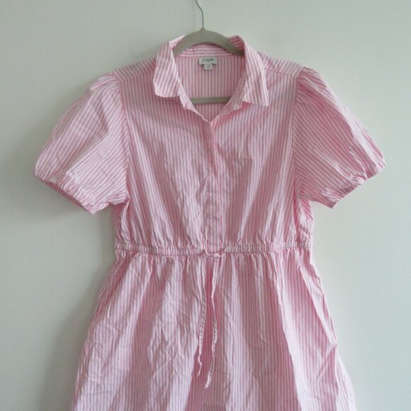 J. CREW Collared Puff Sleeve Mini Shirt Dress Striped Cotton Pink White Preppy - Picture 3 of 16